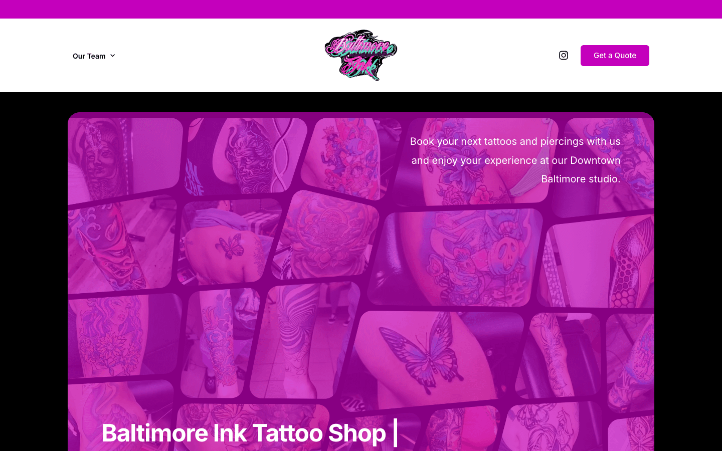 Tattoo and piercing studio site with louder visual attitude and local booking intent
