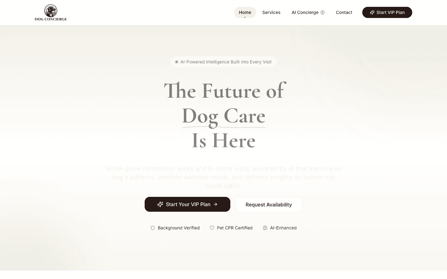 Luxury dog care website blending white-glove service with an AI-forward offer